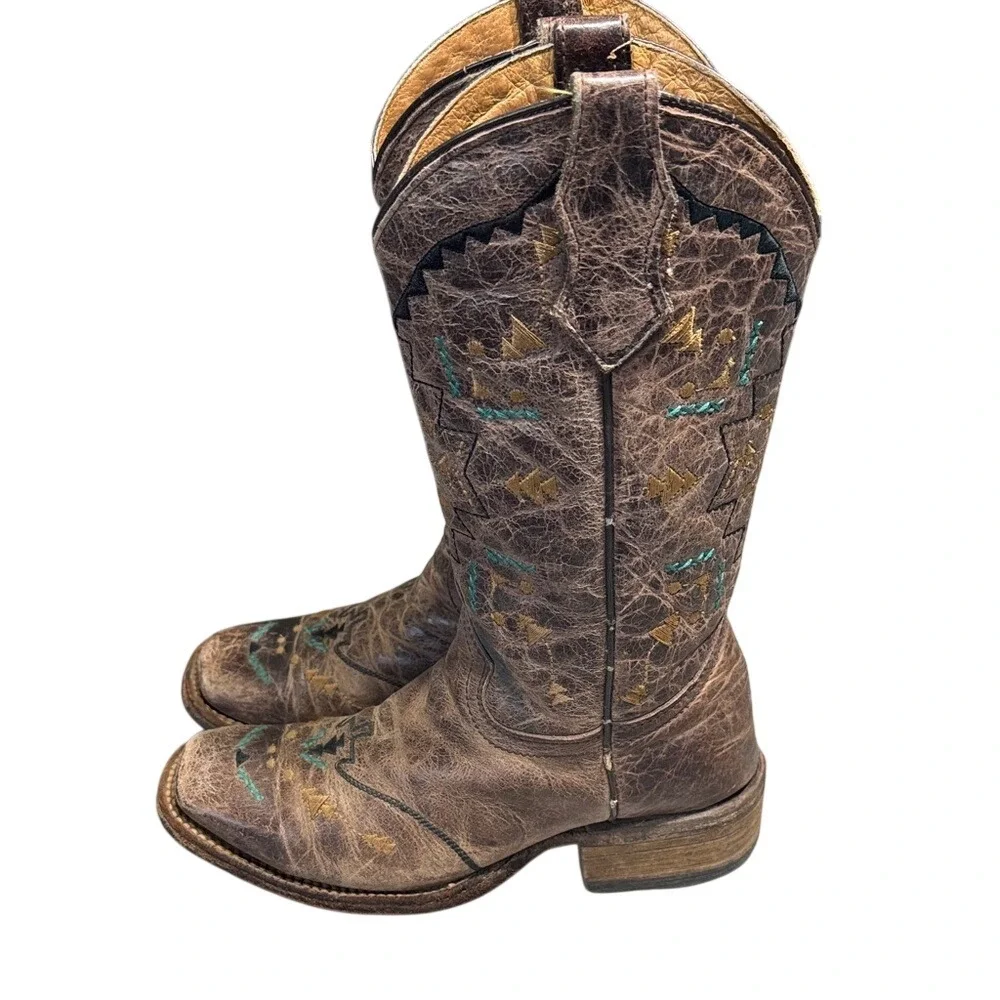 Corral‎ Kids 2.5 Brown Distressed Leather Southwestern Embroidered Cowboy Boots